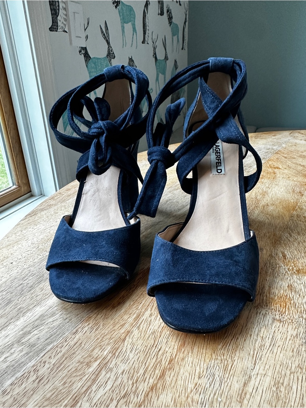 Karl Lagerfeld Navy Suede Wrap-Ankle Block Heels size 7.5